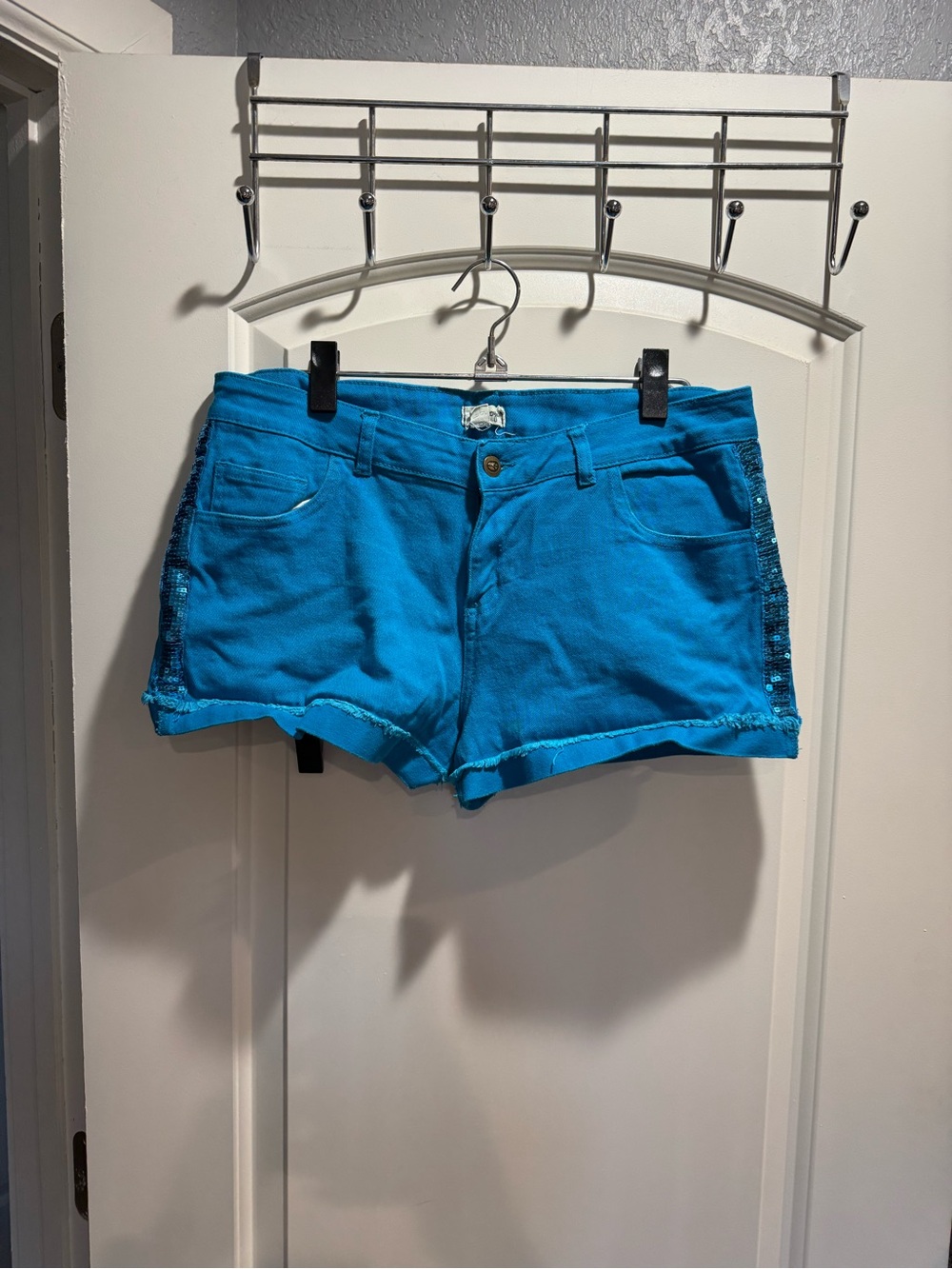 Boden Bright Teal Sequin-Trim Denim Shorts